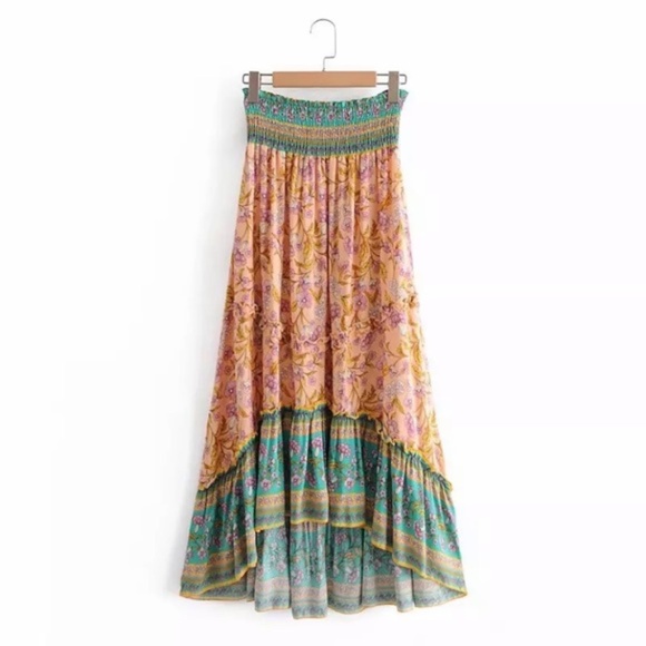 Bohemian Floral Gypsy Elastic Smocked Waist Skirt - Picture 3 of 7